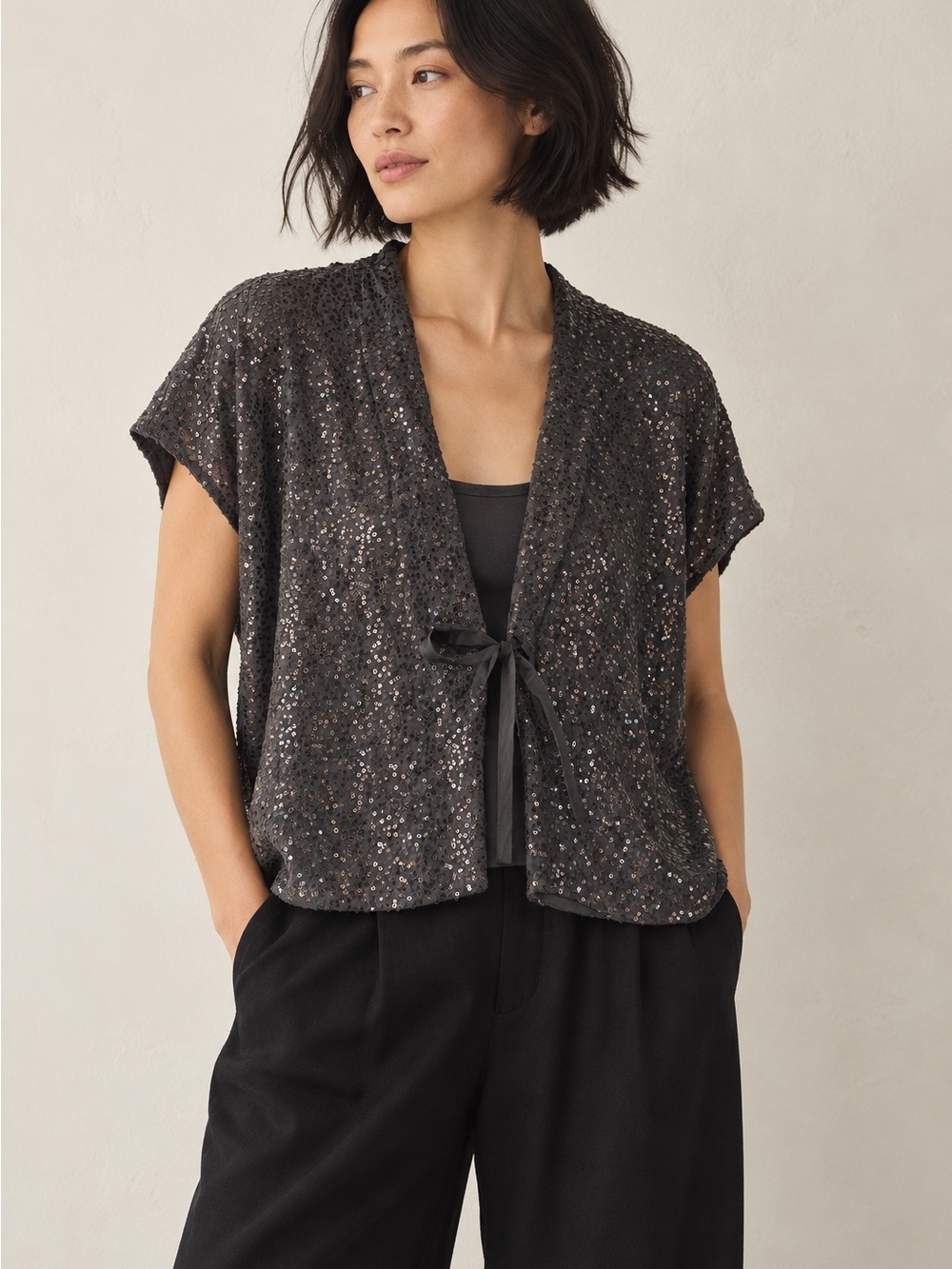 Eileen Fisher 100% Silk Sequin Tie Front Bolero Top Charcoal Gray XL